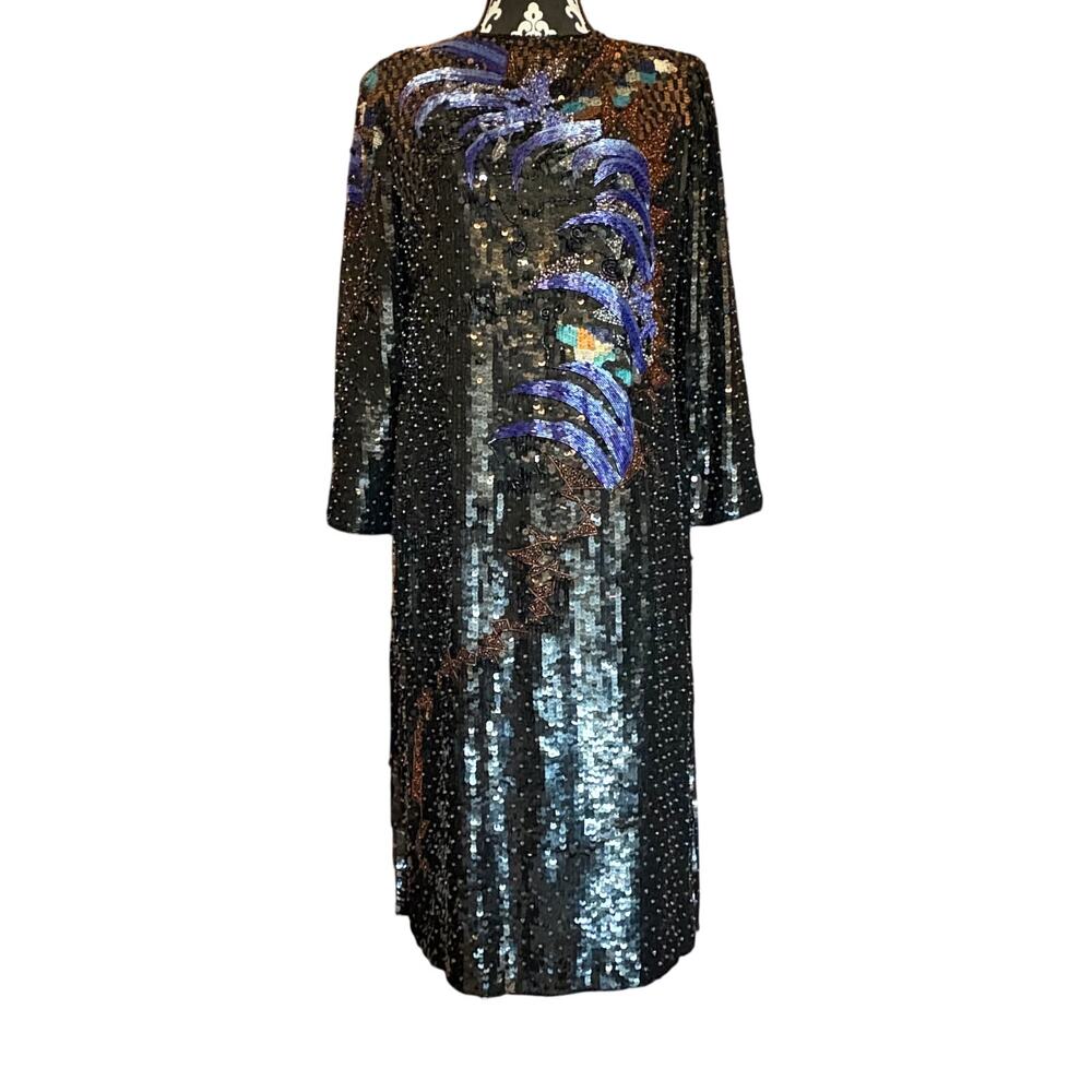 Vintage Black Sequin Dress with Blue and Copper Embellishment